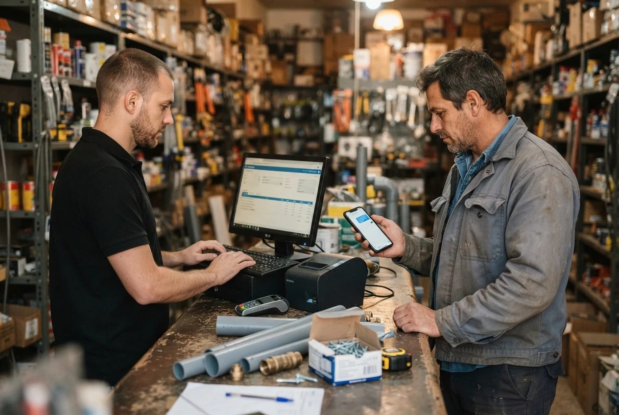 Ferretero enviando un presupuesto al celular de un cliente